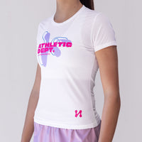 Women's VanH Athletic Dept. sport shirt in white with pink and lilac chest graphic