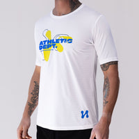 Men's VanH Athletic Dept. sport shirt in white with blue and yellow chest graphic