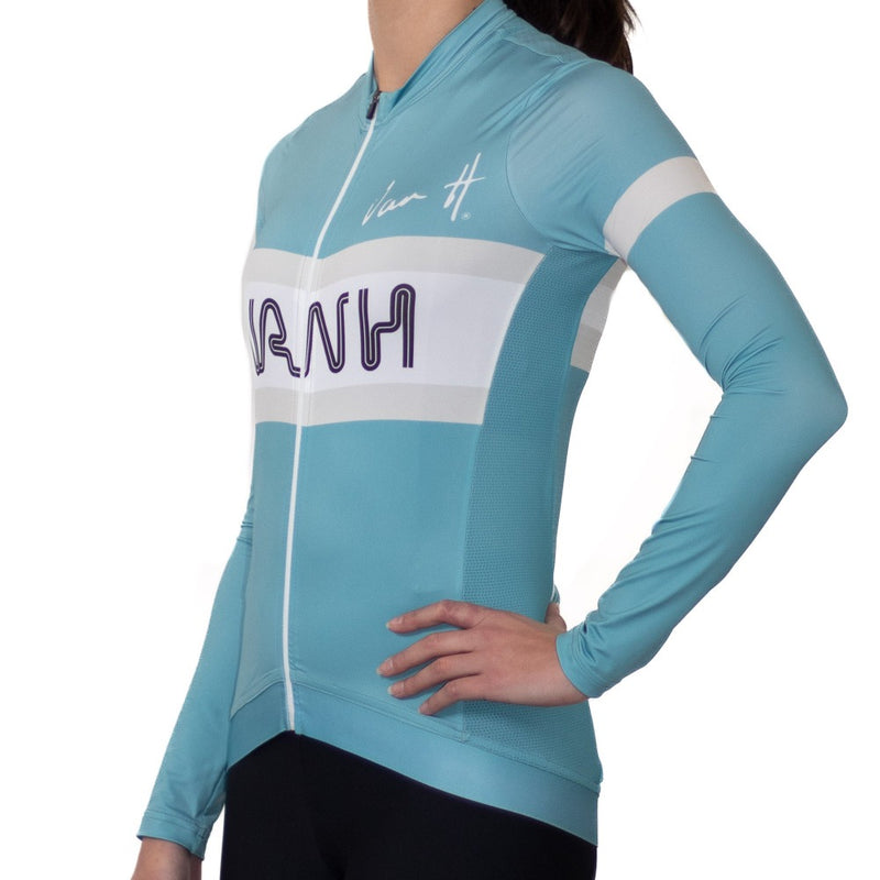 Long sleeve light blue cycling jersey women. UV Protective cycling jersey. light cycling jersey, retro, Cycling jersey, cycling top, summer cycling jersey, mens cycling jersey, womens cycling jersey, cycling, south Africa, van h, premium cycling wear.