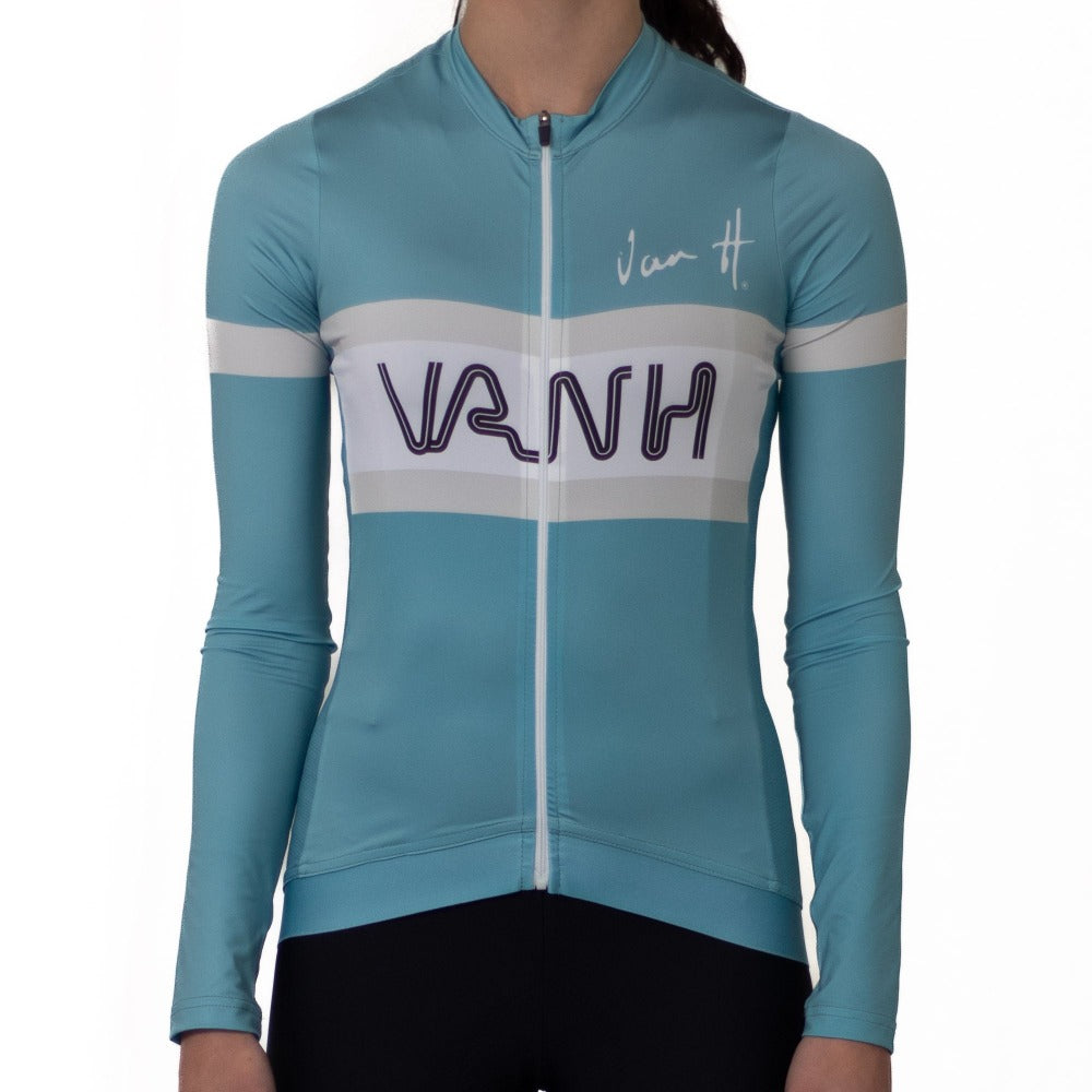 Long sleeve light blue cycling jersey women. UV Protective cycling jersey. light cycling jersey, retro, Cycling jersey, cycling top, summer cycling jersey, mens cycling jersey, womens cycling jersey, cycling, south Africa, van h, premium cycling wear.