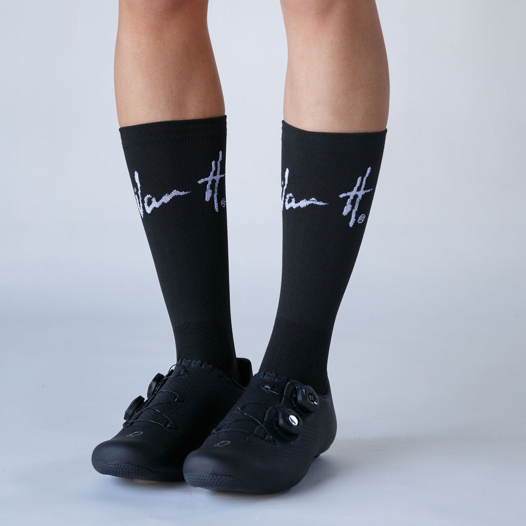 Black socks with white logo