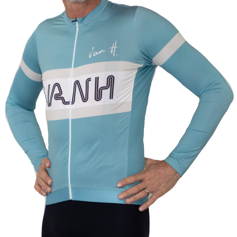 Light blue long sleeve cycling jerseyLong sleeve light blue cycling jersey women. UV Protective cycling jersey. light cycling jersey, retro, Cycling jersey, cycling top, summer cycling jersey, mens cycling jersey, womens cycling jersey, cycling, south Africa, van h, premium cycling wear.