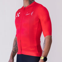 Men's Keep Moving cycling jersey in red, front view with VanH signature