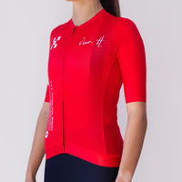 Women's Keep Moving cycling jersey in red, front view with VanH signature