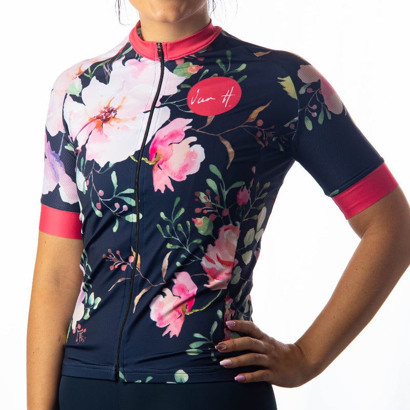 Womam cycling jersey. cycling jersey. van h cycling jersey. floral cycling jersey. navy cycling jersey.